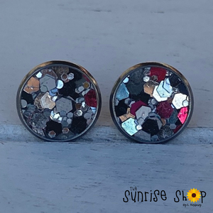 Silver, Black, and Red Glitter Studs